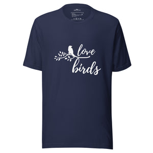 Navy blue unisex birding t-shirt with the words Love birds and a graphic of a bird on a branch in white.