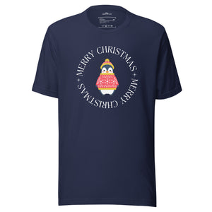 Navy blue unisex bird t-shirt with Merry Christmas on the front in a circle that surrounds a cute penguin in a hat and a sweater.