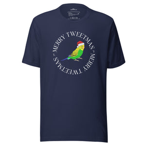 Navy blue unisex bird t-shirt with a budgie in a santa hat surrounded by the words Merry Tweetmas, separated by to seed sprigs.