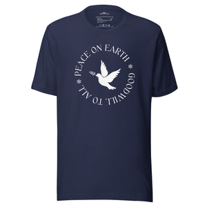 Navy blue unisex bird t-shirt that says Peace on Earth Goodwill to All in a circle surrounding a dove of peace.