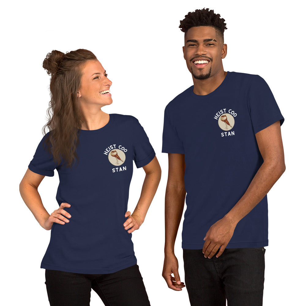 Navy blue bird shirt with a pouter pigeon in a circle on the front and that same pigeon on the back with the words "Stan the Muscle" worn by a couple.