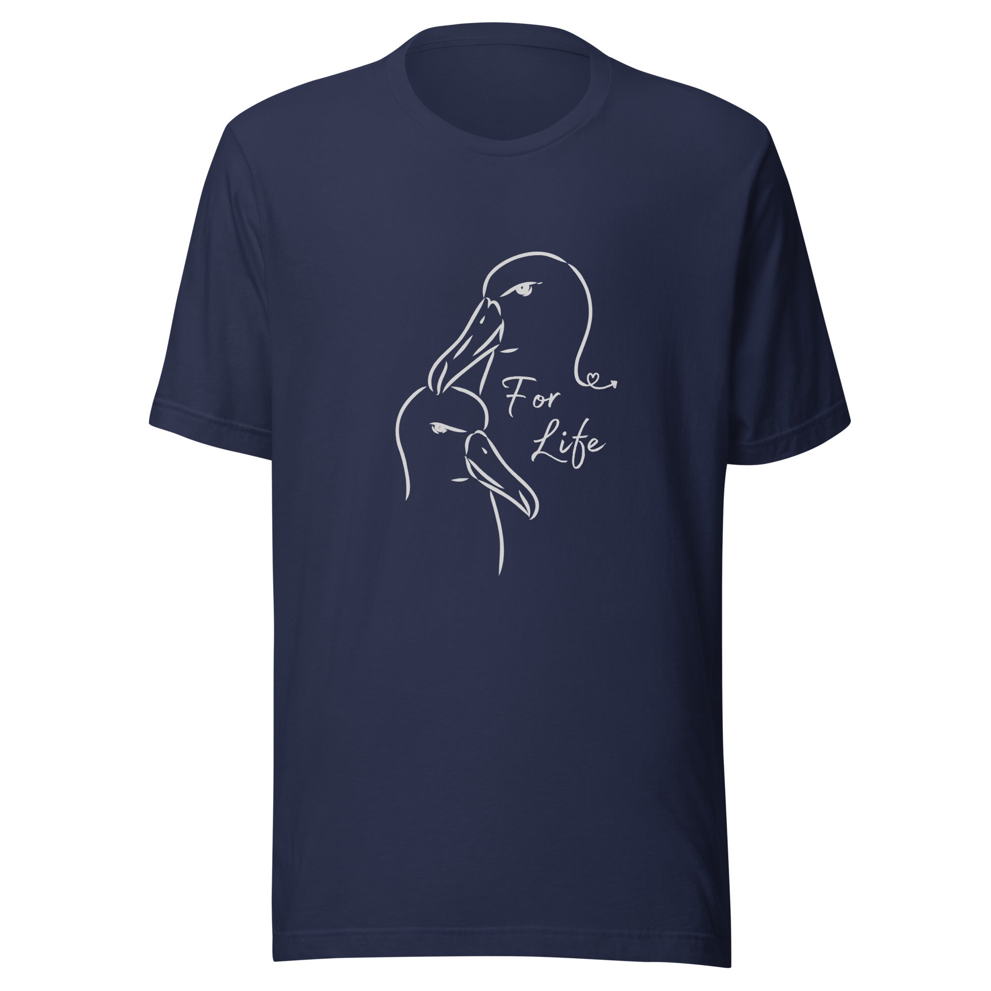 Navy blue unisex bird shirt featuring a line drawing of two Albatross heads and the words "For Life" on the front.