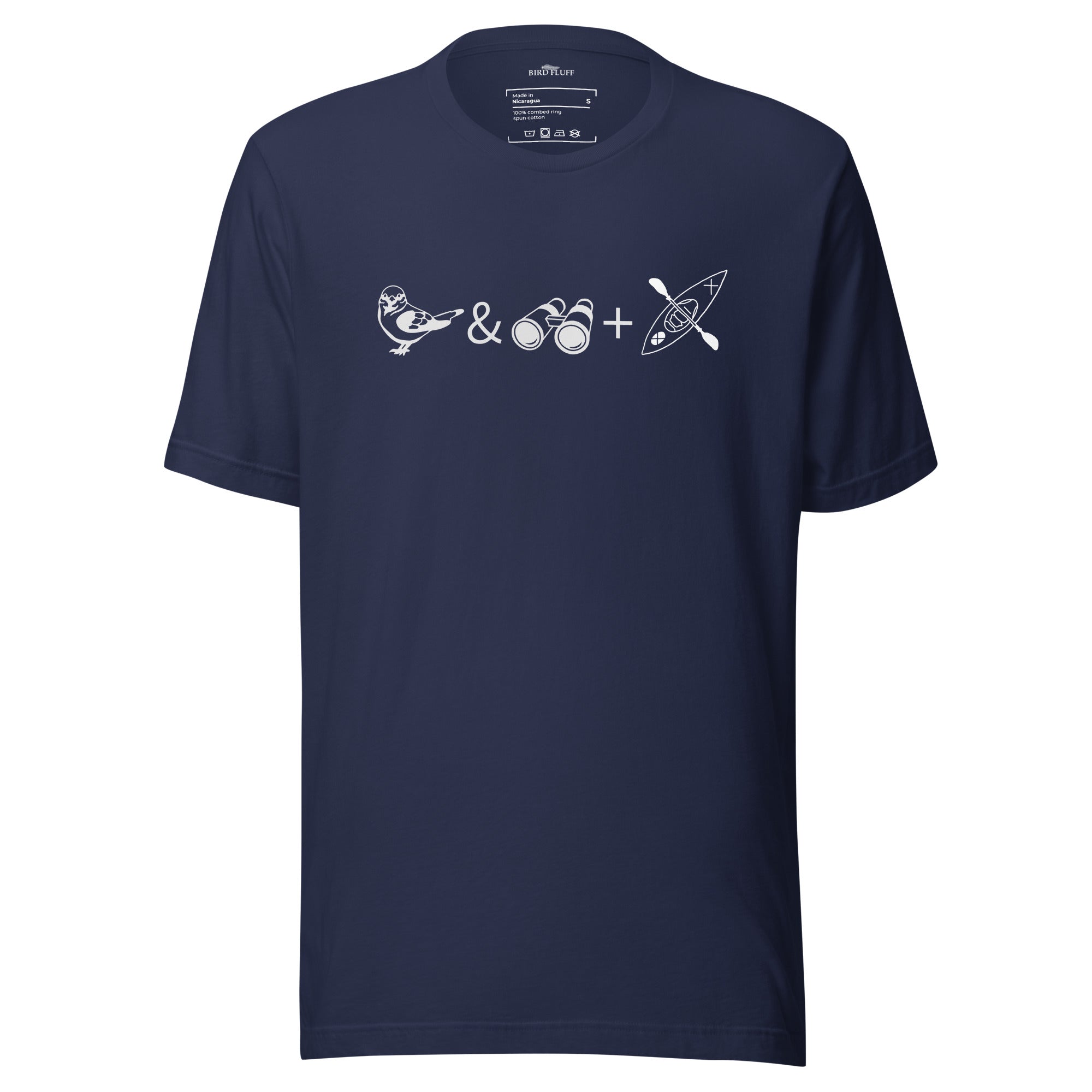 Unisex navy blue bird t-shirt celebrating bird watching and kayaking with a graphic of binoculars, a bird, and a kayak.