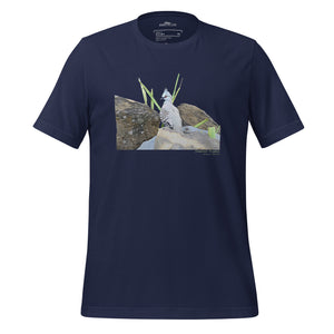 Navy unisex bird t-shirt with a graphic of a crested pigeon among some rocks and grass on front, and the words crested pigeon written below and the scientific name below that.