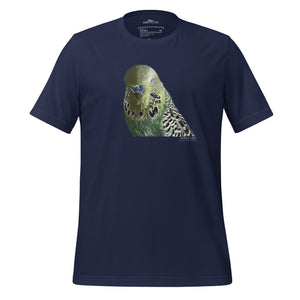 Navy unisex t-shirt with an illustrated and lifelike graphic of a green and yellow parakeet or budgie on the front. Below and to the right of the picture is the word Budgerigar and below that the scientific name in parenthesis in small print.