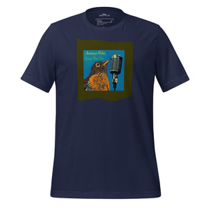 Navy unisex bird t-shirt featuring an illustration of an American Robin and a microphone and the words American Robin, Spring Fling Tour.