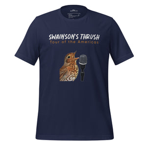 Navy unisex bird shirt mimicking a concert t-shirt with the words "Swainson's Thrush" and below that, "Tour of the Americas" and below that an illustrated Swainson's thrush singing into a microphone. Back of shirt, (not shown) has concert dates and cities where this bird can be heard.