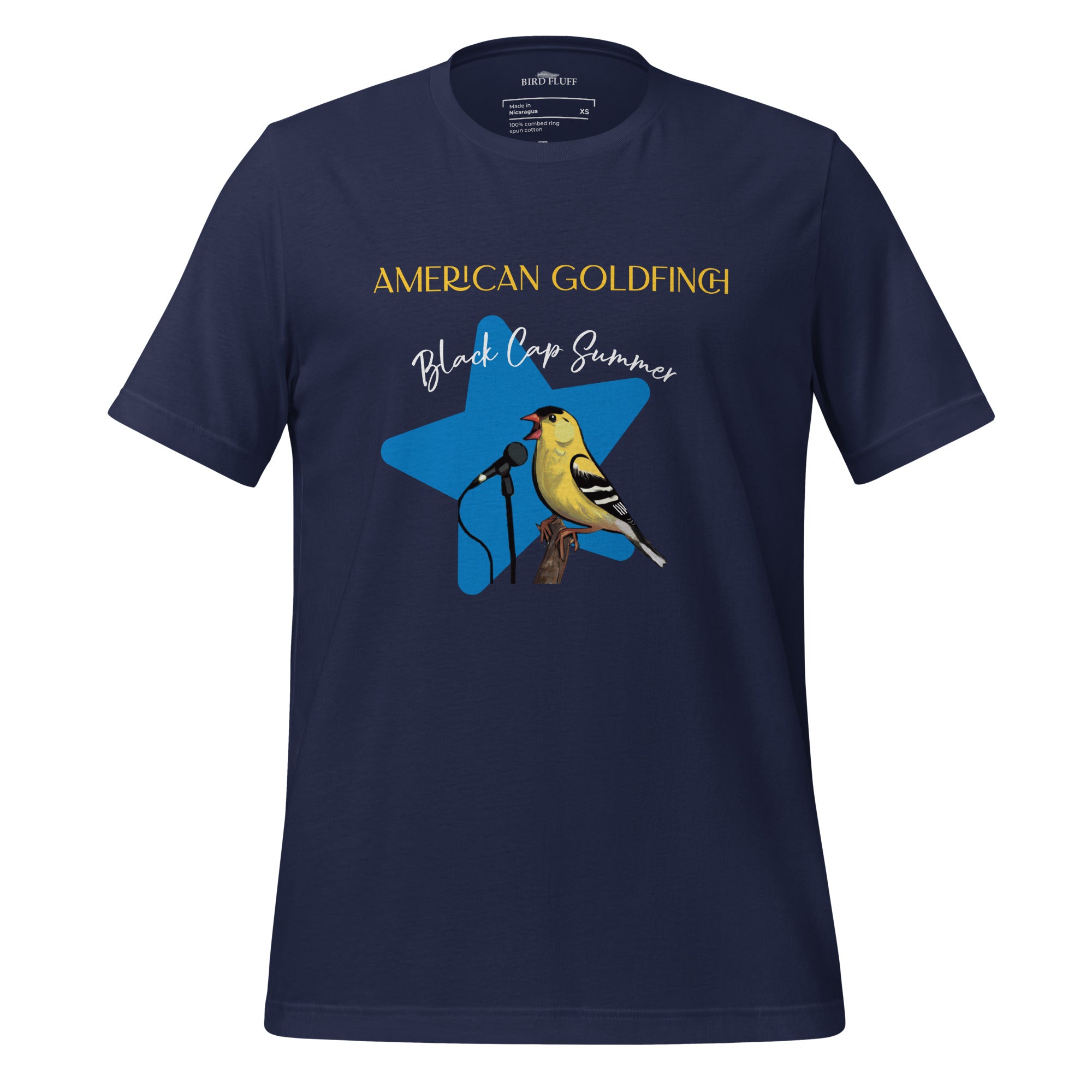 Navy unisex bird shirt featuring an American goldfinch singing into a microphone with a list of dates and cities on the back where the bird is commonly seen.