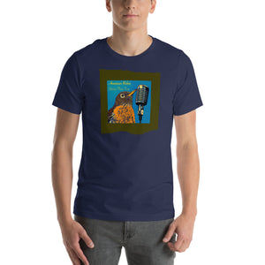 Navy unisex bird t-shirt featuring an illustration of an American Robin and a microphone and the words American Robin, Spring Fling Tour. Worn by a man.