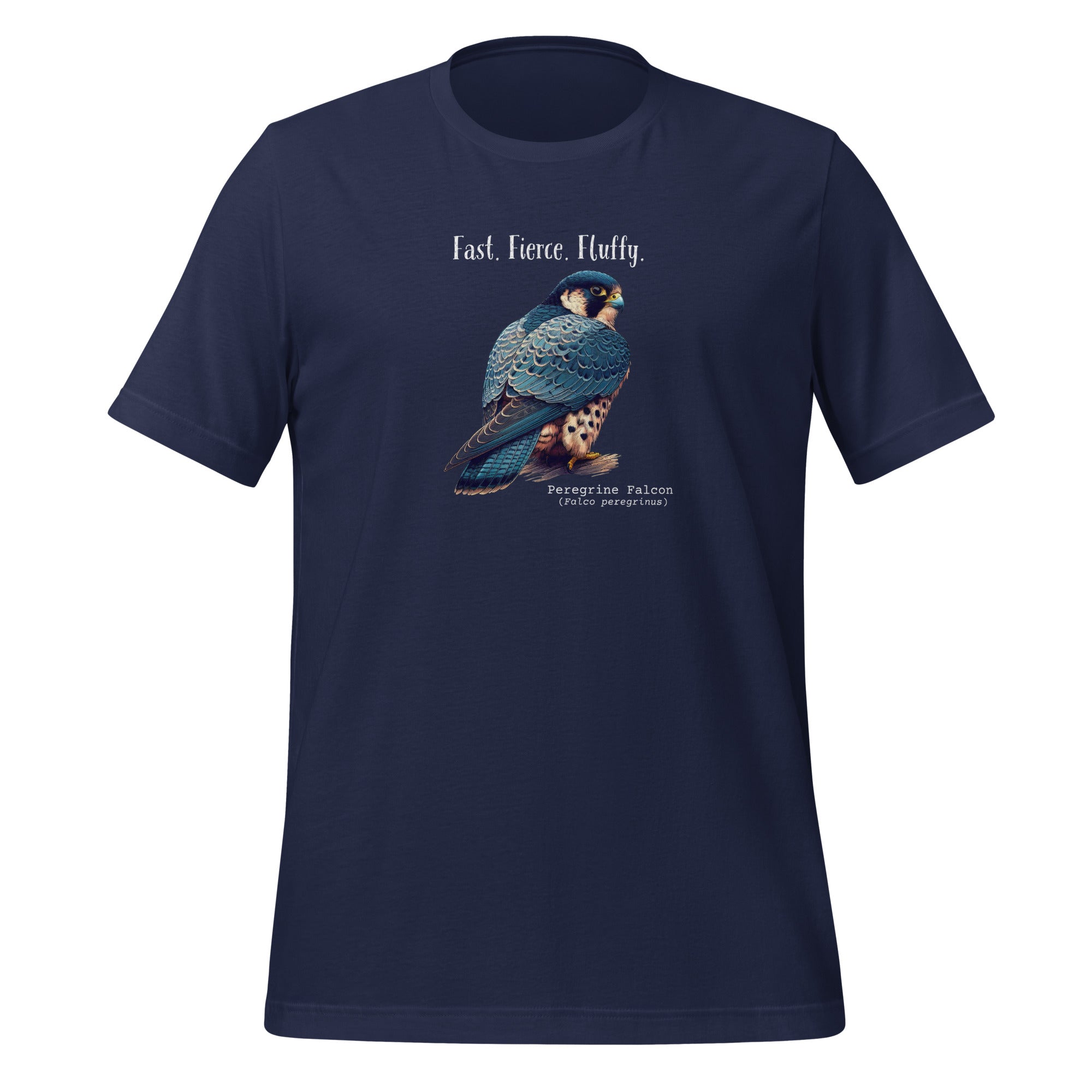 A navy blue bird shirt with the words, "Fast. Fierce. Fluffy" above an illustration of a peregrine falcon.