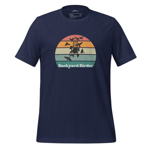 Navy blue bird shirt with a retro sun design outlining a bird feeder with the words Backyard Birder.