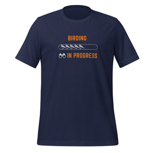 Navy blue bird shirt with the words Birding in Progress on the front around a loading progress bar.