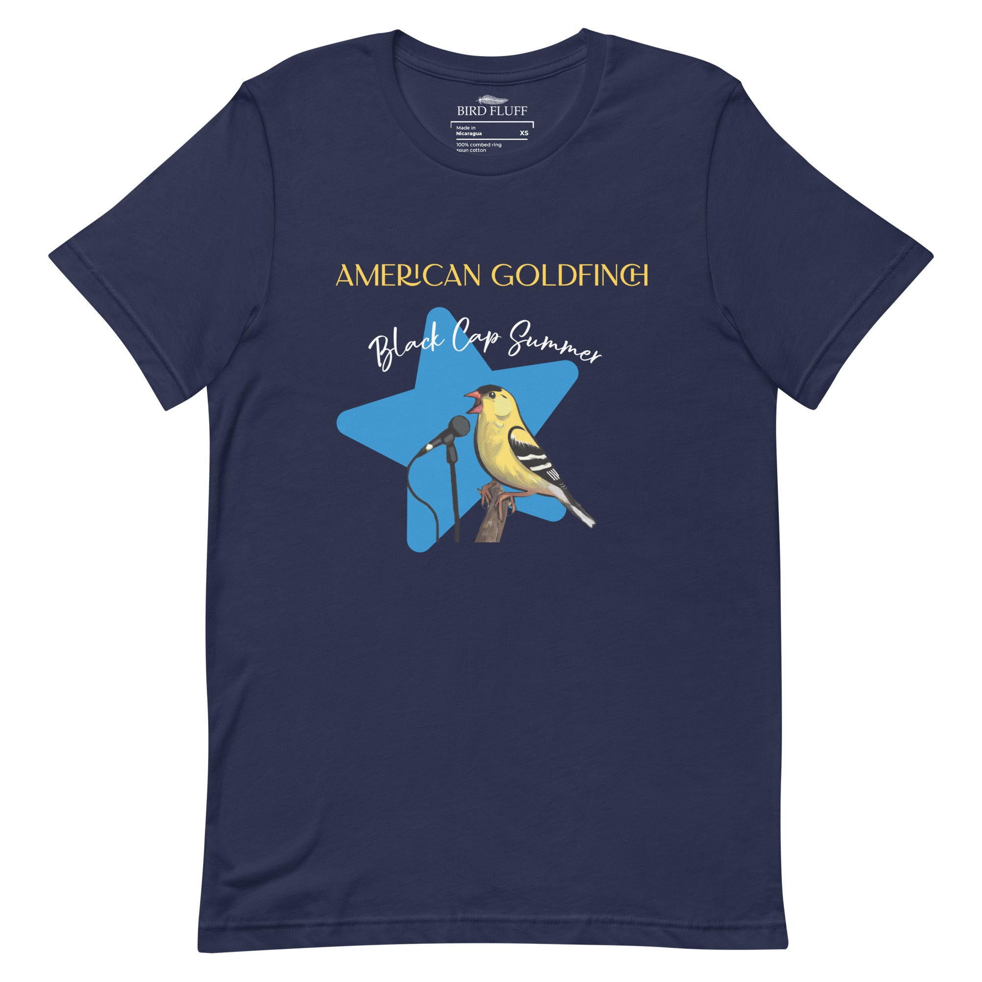 Navy blue unisex bird shirt featuring an American goldfinch singing into a microphone with a list of dates and cities on the back where the bird is commonly seen. 