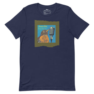 Navy blue unisex bird t-shirt featuring an illustration of an American Robin and a microphone and the words American Robin, Spring Fling Tour.