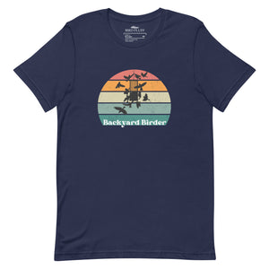 Navy blue bird shirt with a retro sun design outlining a bird feeder with the words Backyard Birder.