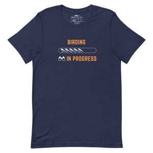 Navy blue bird shirt with the words Birding in Progress on the front around a loading progress bar.