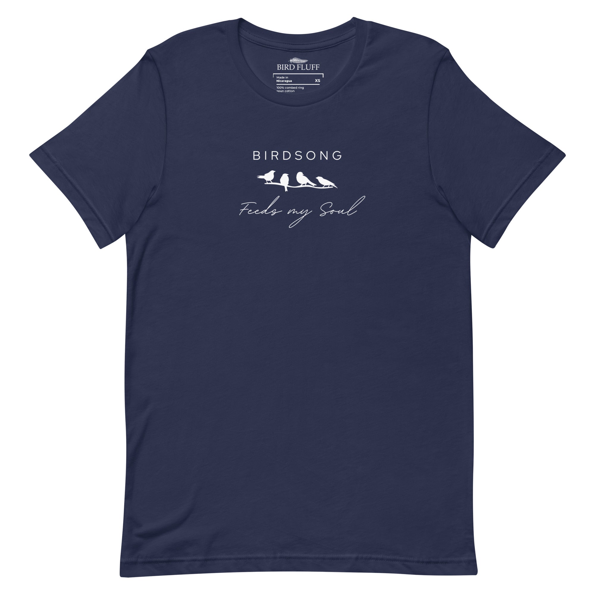 Navy blue bird t-shirt with the words Birdsong feeds my soul placed above and below a white graphic of 4 birds on a branch.