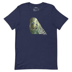 Navy unisex t-shirt with an illustrated and lifelike graphic of a green and yellow parakeet or budgie on the front. Below and to the right of the picture is the word Budgerigar and below that the scientific name in parenthesis in small print.