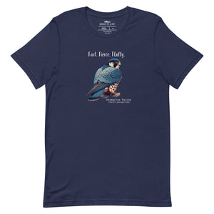 A navy blue bird shirt with the words, "Fast. Fierce. Fluffy" above an illustration of a peregrine falcon.