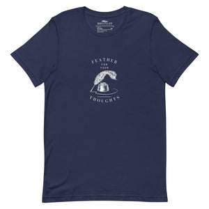 Navy blue unisex t-shirt with a quill and an ink pot and the words, "Feather for your Thoughts."