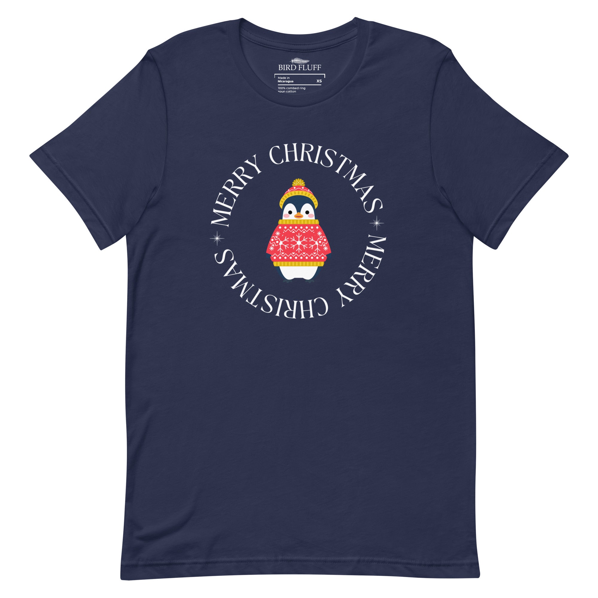 Navy blue unisex bird t-shirt with Merry Christmas on the front in a circle that surrounds a cute penguin in a hat and a sweater.