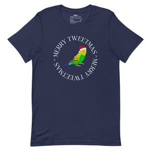 Navy blue unisex bird t-shirt with a budgie in a santa hat surrounded by the words Merry Tweetmas, separated by to seed sprigs.