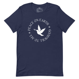 Navy blue unisex bird t-shirt that says Peace on Earth Goodwill to All in a circle surrounding a dove of peace.