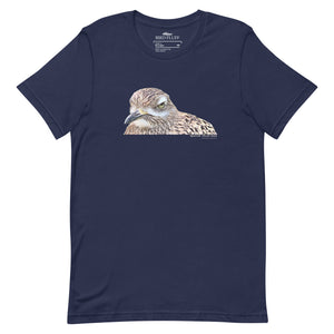 Navy unisex bird shirt with a lifelike illustration of a Spotted Thickknee on the front and the words Spotted Thickknee in small print below, with the scientific name included.