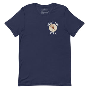 Navy blue bird shirt with a pouter pigeon in a circle on the front and that same pigeon on the back with the words "Stan the Muscle"