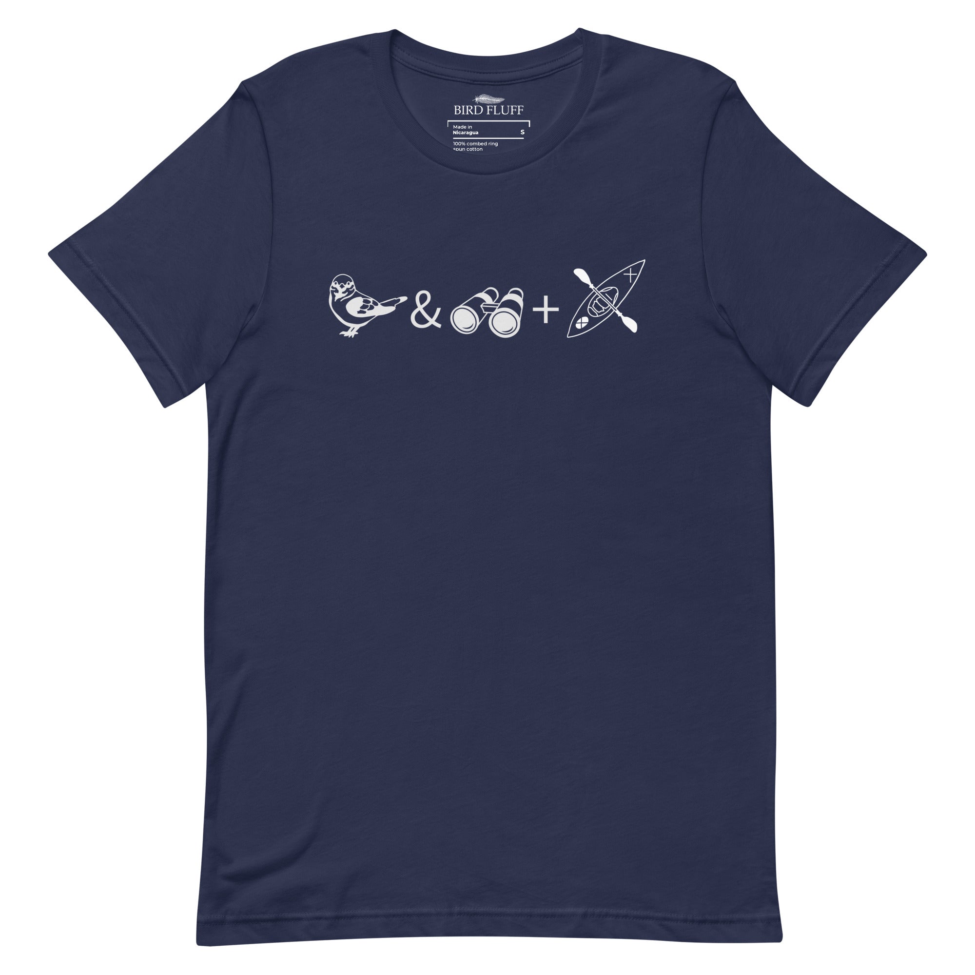 Unisex navy blue bird t-shirt celebrating bird watching and kayaking with a graphic of binoculars, a bird, and a kayak.