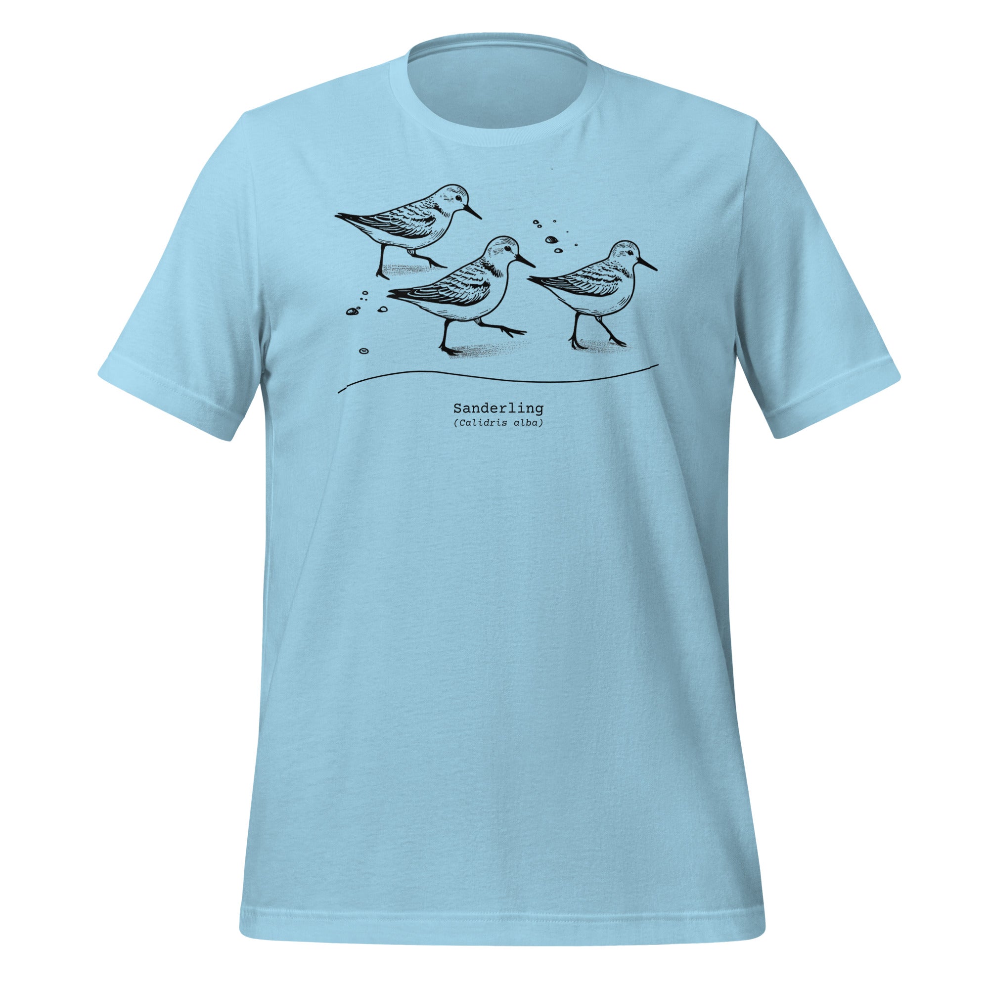 Ocean blue bird shirt featuring an illustration of a three sanderlings on a beach and the common and scientific names for the bird underneath.