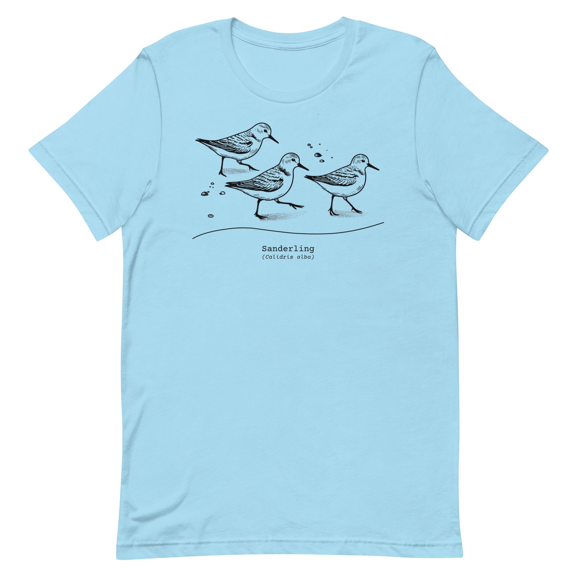 Ocean blue bird shirt featuring an illustration of a three sanderlings on a beach and the common and scientific names for the bird underneath.