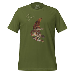 Olive green bird shirt with vintage art of an osprey with a fish in its talons and the word "Osprey in the top right. Worn by a man playing cards.