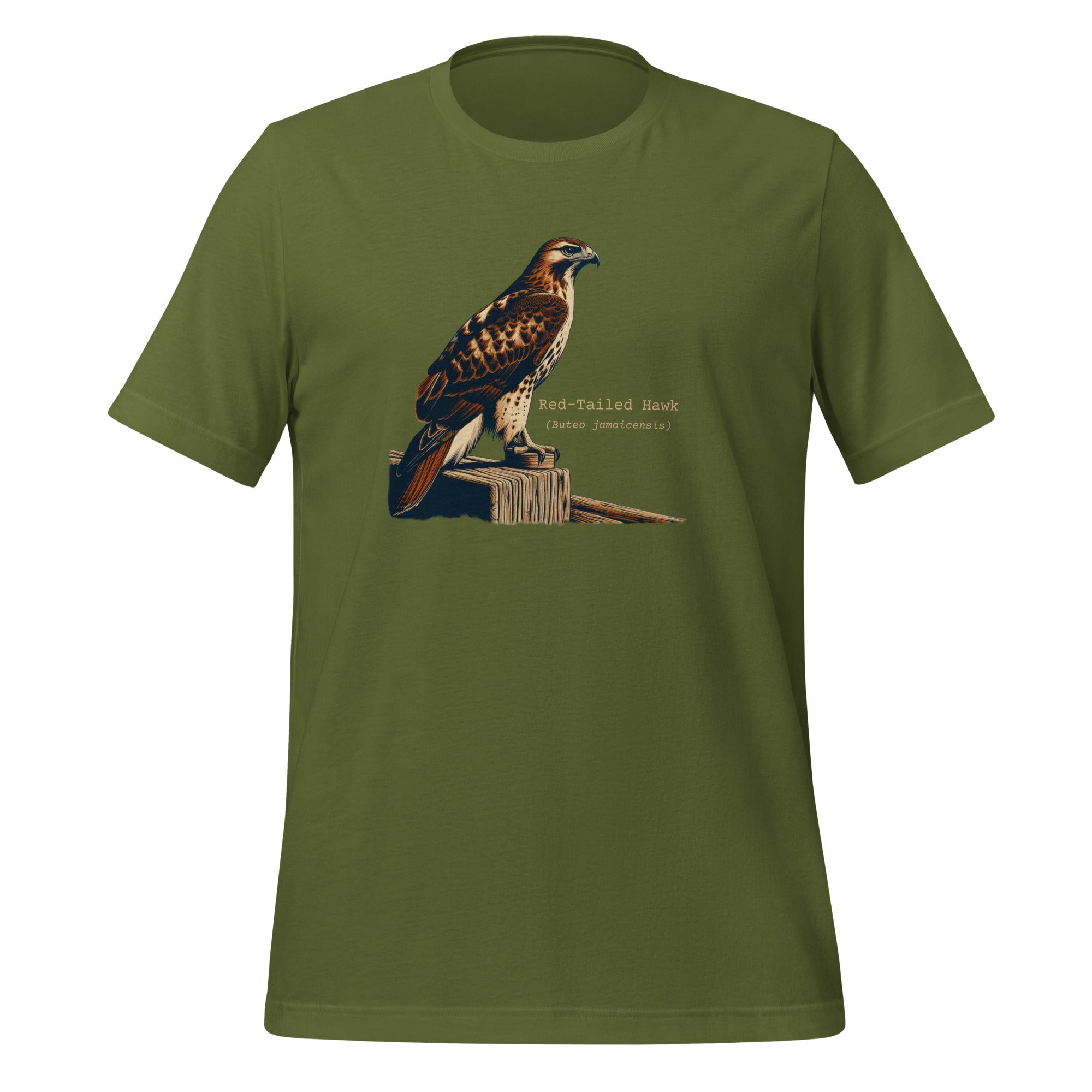 Green bird shirt with an artistic depiction of a red-tailed hawk sitting on a fence and the common and scientific names for the bird next to it.