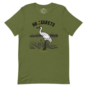 Olive green bird shirt featuring a play on the "No Regrets" tattoo that has the "R" crossed out to say "No Egrets" with a Whooping Crane below in a wetland setting. 