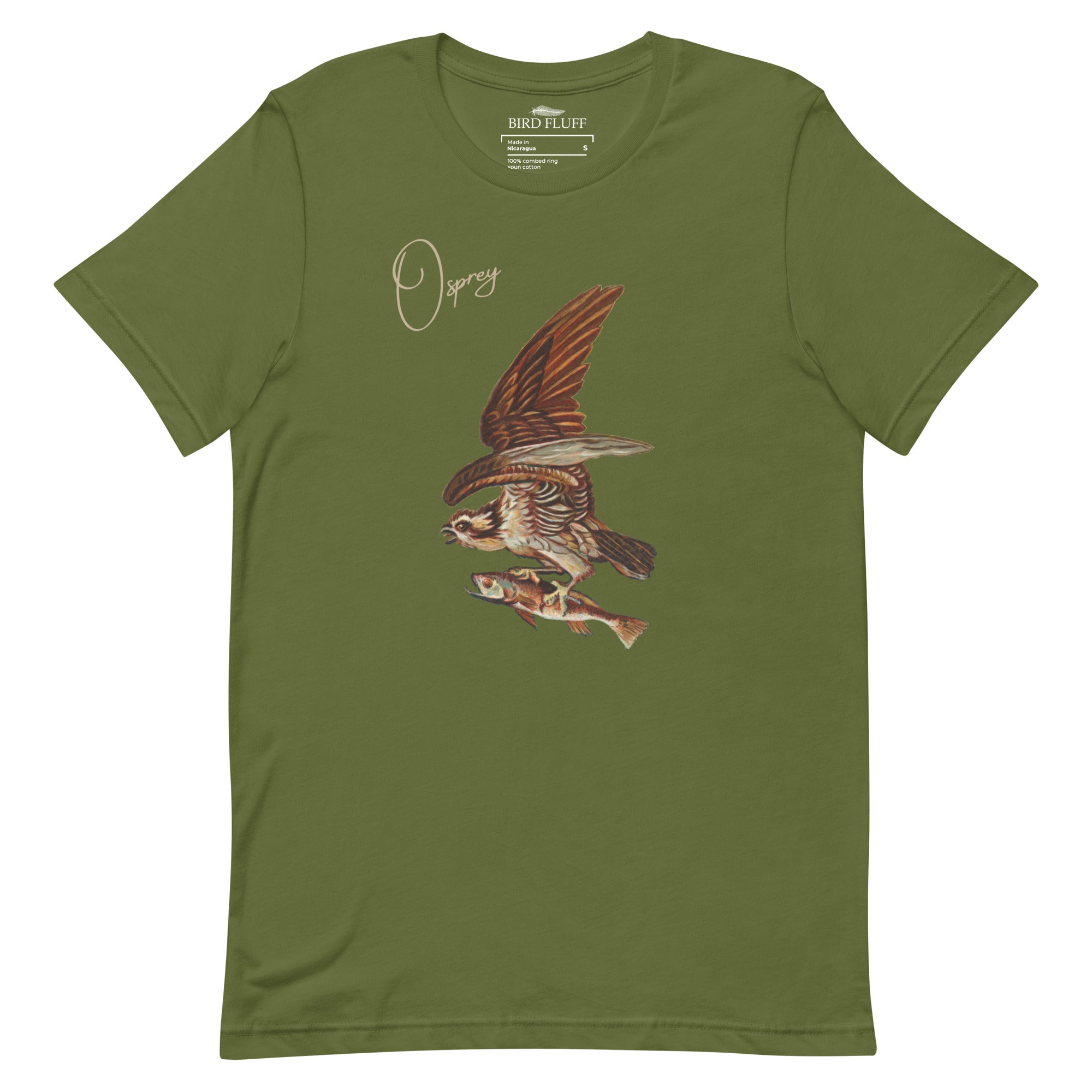 Olive green bird shirt with vintage art of an osprey with a fish in its talons and the word "Osprey in the top right.