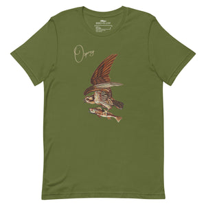 Olive green bird shirt with vintage art of an osprey with a fish in its talons and the word "Osprey in the top right.