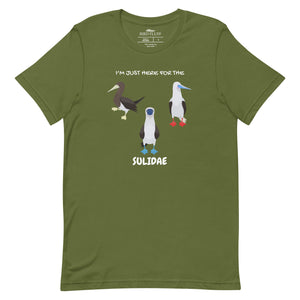 Olive green birder shirt with a red-footed, blue-footed and brown booby on it, but referencing only the scientific family name for the bird.