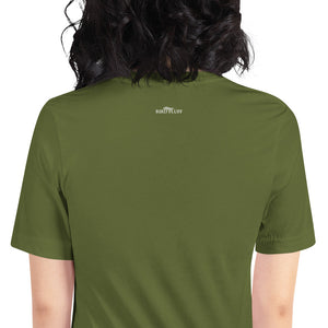 Olive green bird shirt featuring a play on the "No Regrets" tattoo that has the "R" crossed out to say "No Egrets" with a Whooping Crane below in a wetland setting. Rear of shirt showing small brand logo below collar.