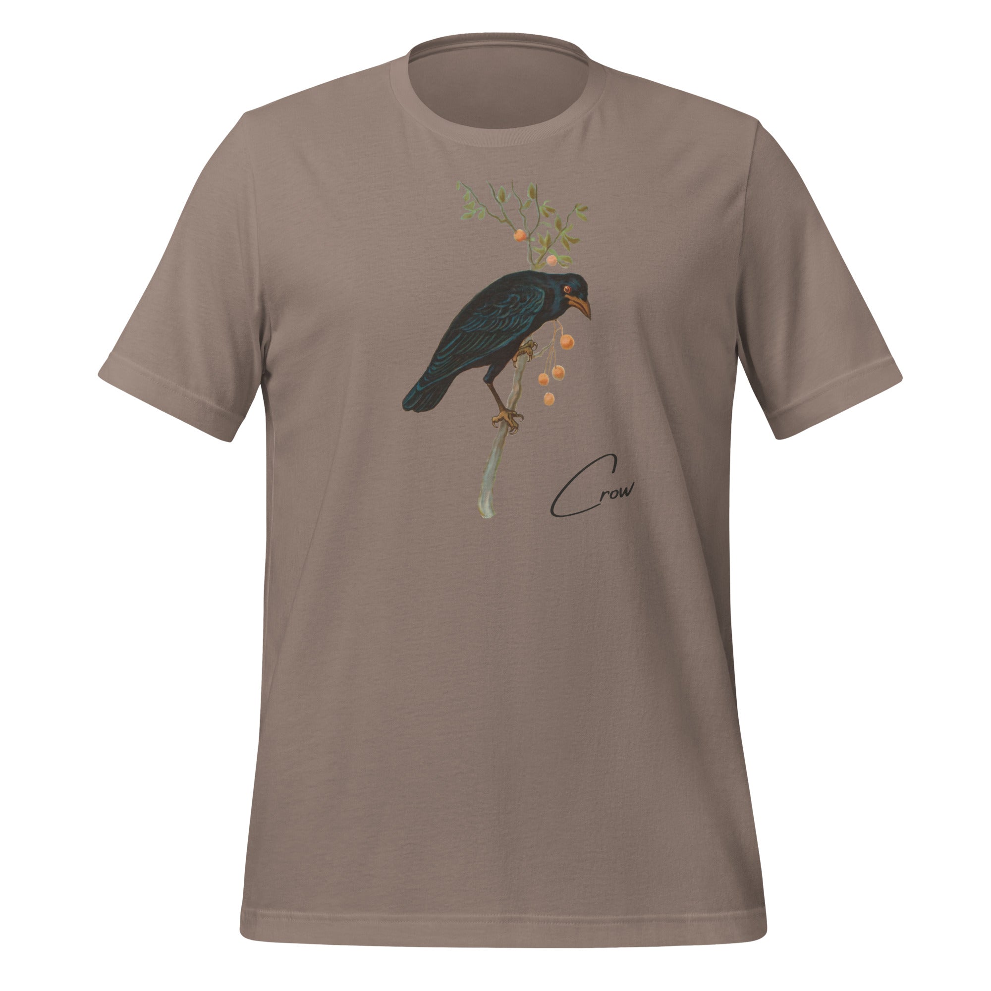 Grey beige bird shirt with vintage artwork of a crow and the word "Crow" written on the bottom left.