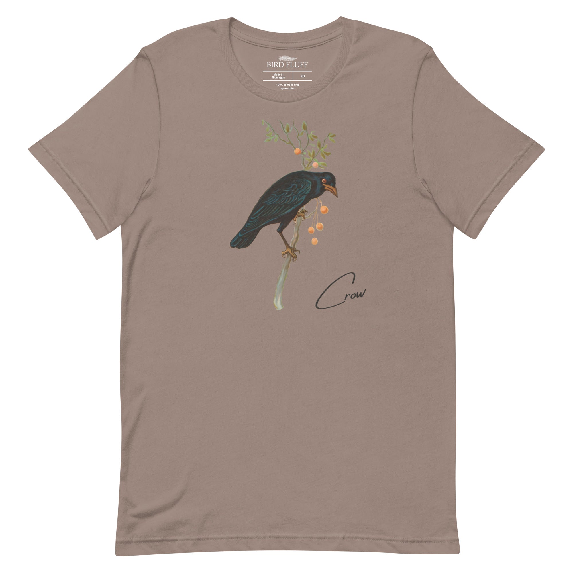 Light brown bird shirt with vintage artwork of a crow and the word "Crow" written on the bottom left.