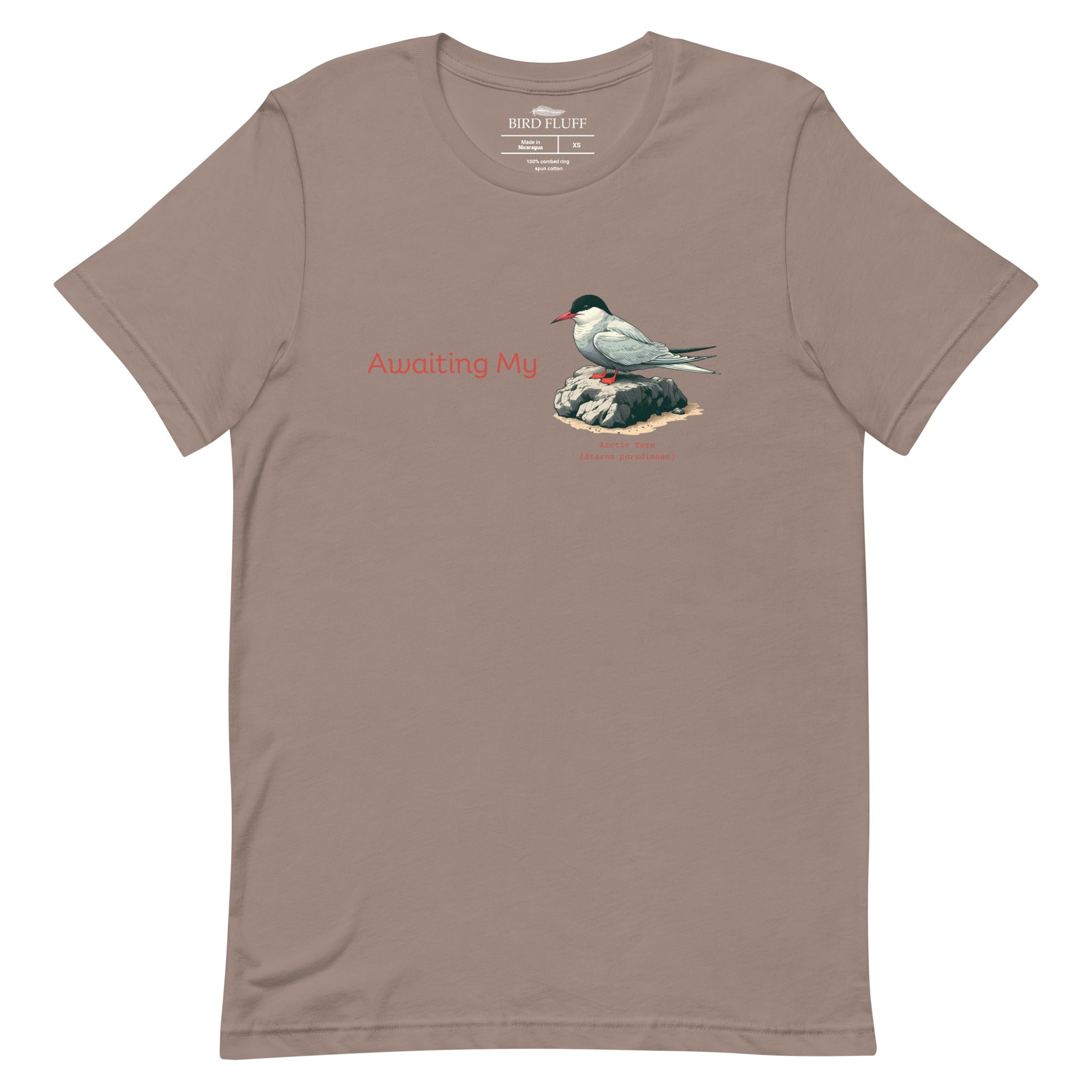 Taupe unisex crew neck t-shirt with a graphic of an Arctic Tern on a rock, and the words "Awaiting My" next to it in a fun pun. The words Arctic Tern and the scientific name of Sterna Paradisaea are below the bird.