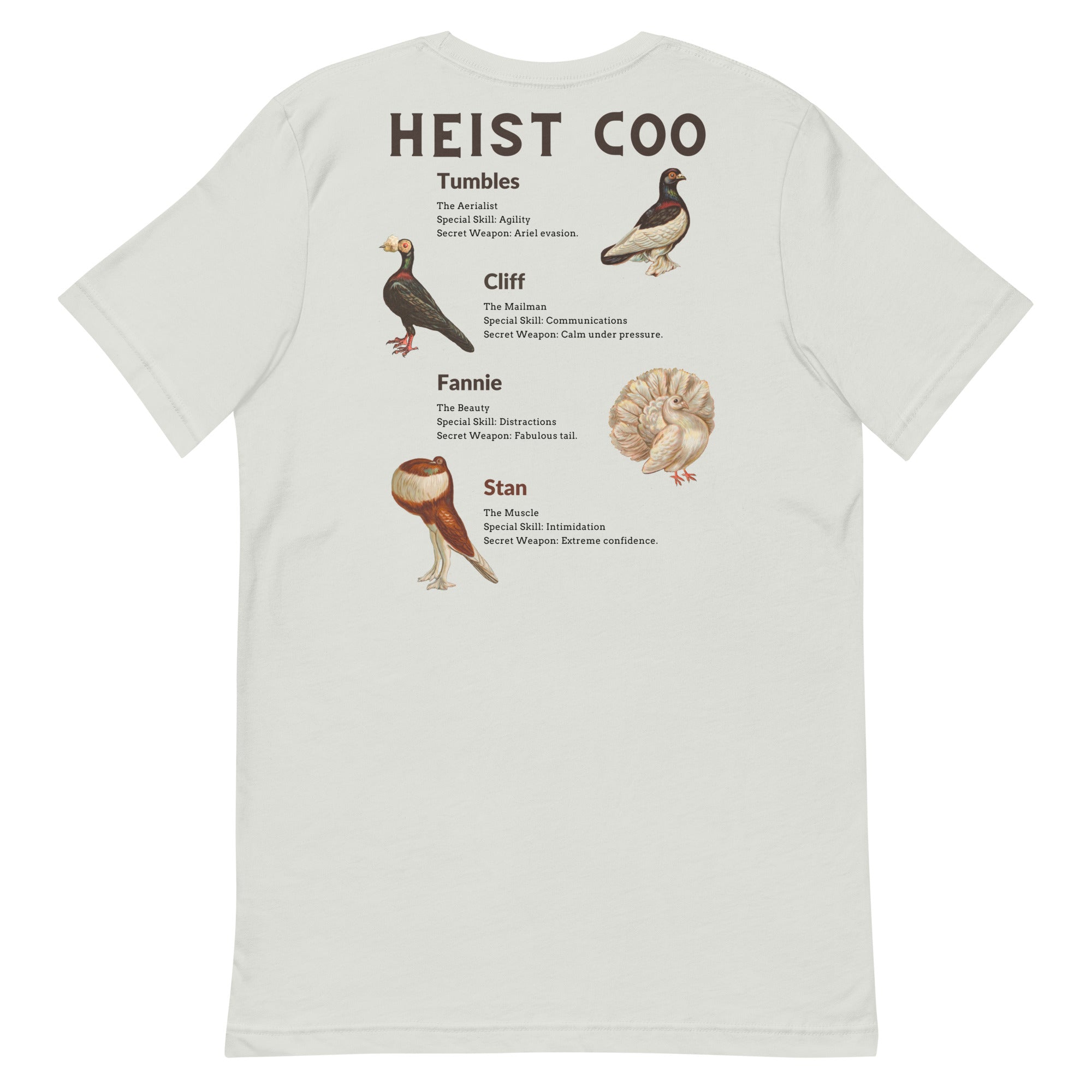 Off white bird t-shirt featuring a posse of show pigeons and describing their specific set of skills on the back of the shirt.. Back of shirt is shown.