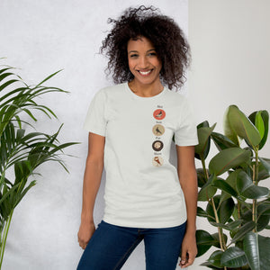 Light silver almost white bird t-shirt featuring a posse of show pigeons and describing their specific set of skills on the back of the shirt.. Front of shirt is shown with each pigeon in its own circle down the left side. On a female model.