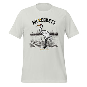 Off white bird shirt featuring a play on the "No Regrets" tattoo that has the "R" crossed out to say "No Egrets" with a Whooping Crane below in a wetland setting.