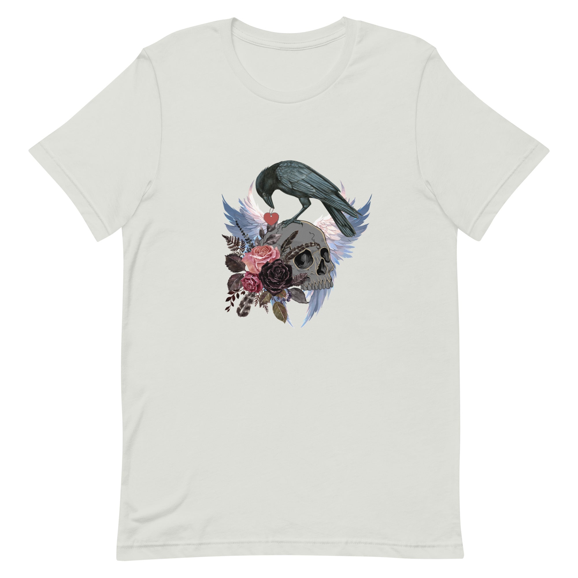 Gothic themed white bird shirt with a crow carrying a heart pendant, perched on a skull surrounded by flowers, feathers and wings.