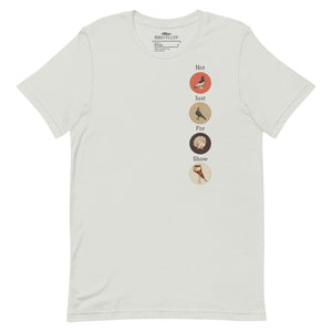 Off white bird t-shirt featuring a posse of show pigeons and describing their specific set of skills on the back of the shirt.. Front of shirt is shown with each pigeon in its own circle down the left side.