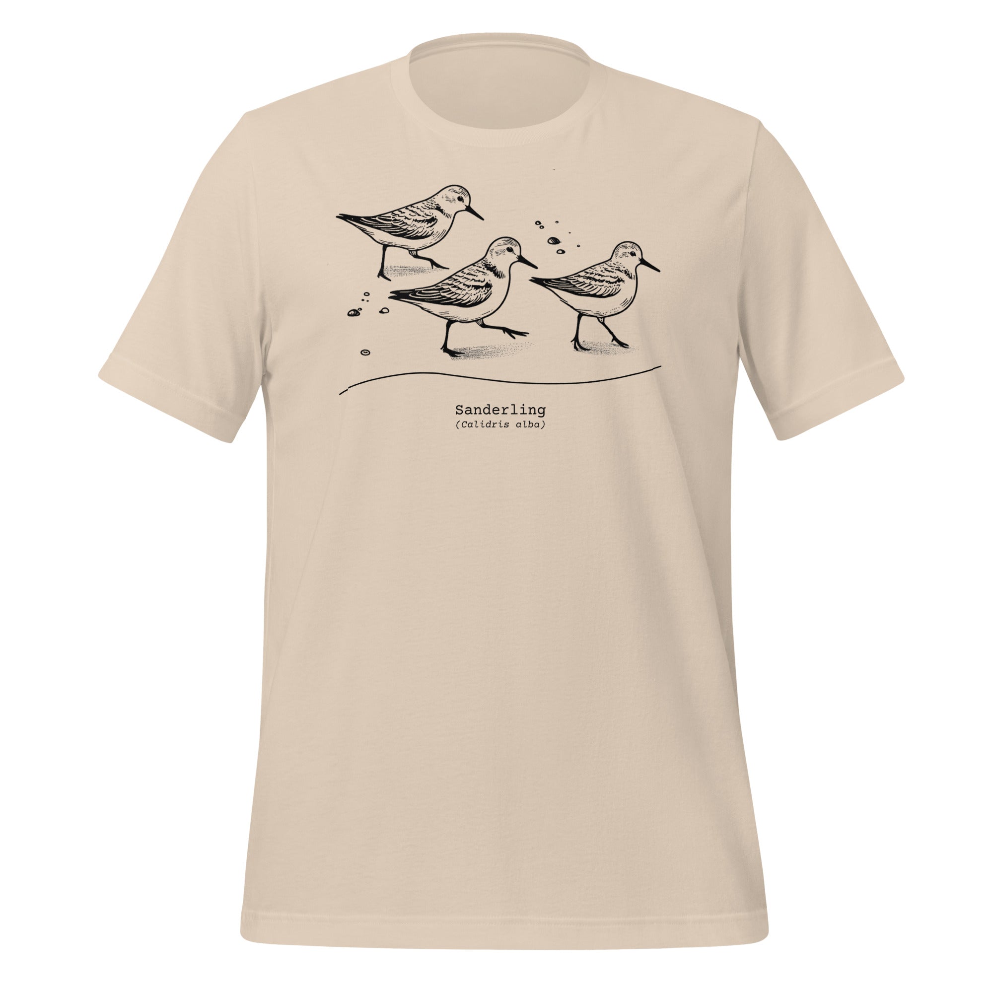 Cream colored bird shirt featuring an illustration of a three sanderlings on a beach and the common and scientific names for the bird underneath.