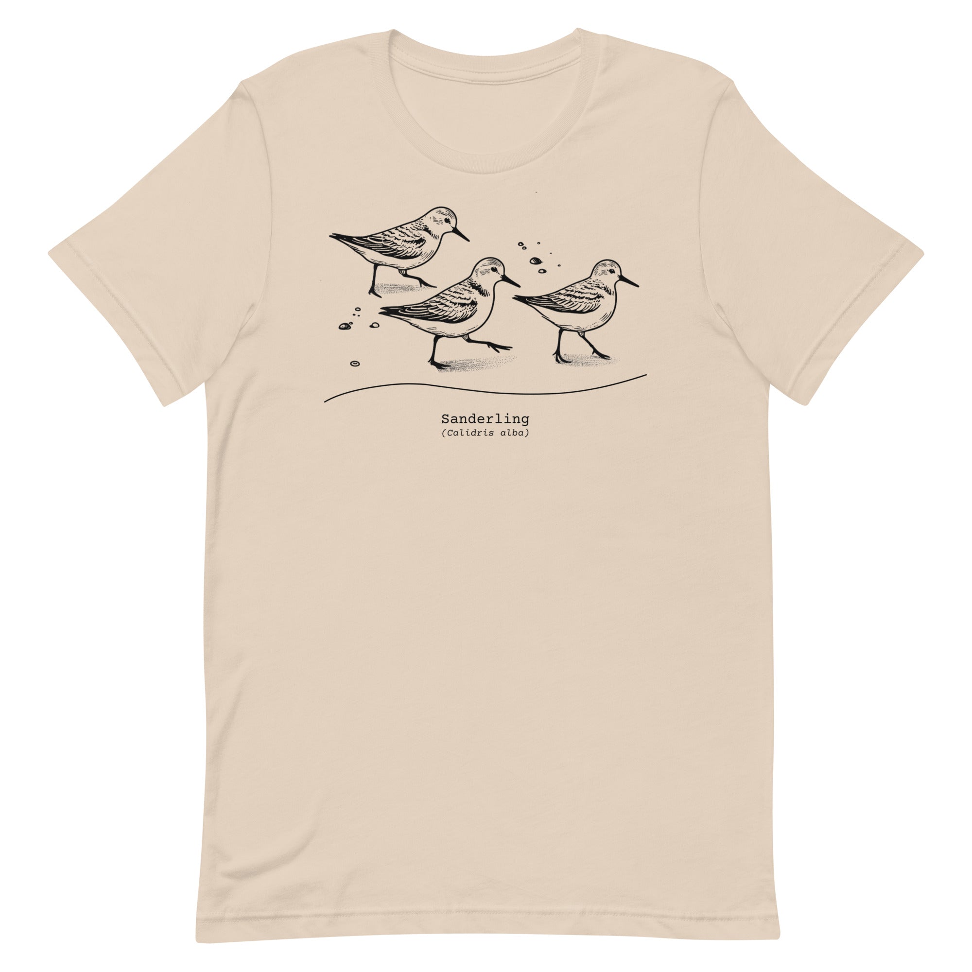 Cream colored bird shirt featuring an illustration of a three sanderlings on a beach and the common and scientific names for the bird underneath.