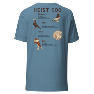 Light blue bird t-shirt featuring a posse of show pigeons and describing their specific set of skills on the back of the shirt.. Front of shirt is shown with each pigeon in its own circle down the left side.